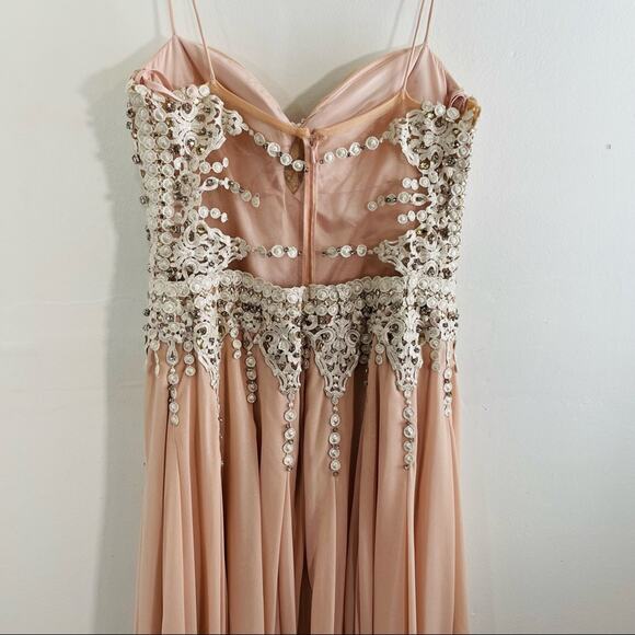 NWT Mignon Metallic Blush Pink Illusion Low Back Chiffon Beaded Maxi Dress 0 - Picture 6 of 12